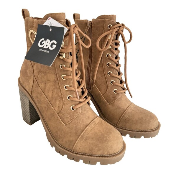 GBG Los Angeles Jalia Ankle Boots Women Size 7 Natural Brown Lace Up Block Heels - Picture 1 of 10